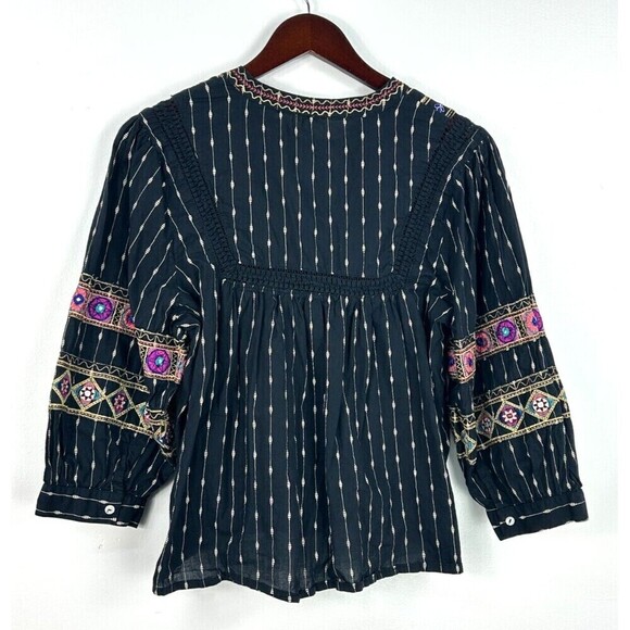 Ultra Pink Women L Top Black Gold Embroider Puff Sleeve Tassel Boho Festival N1 - Picture 6 of 12